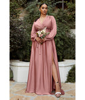 Plus Size A-line V-neck Floor Length Satin Gathered Pleated Wrap Evening Dress