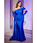 Plus Size Mermaid Floor Length Satin One Shoulder Sweetheart Ruched Asymmetric Fitted Slit Bridesmaid Dress with a Brush/Sweep Train