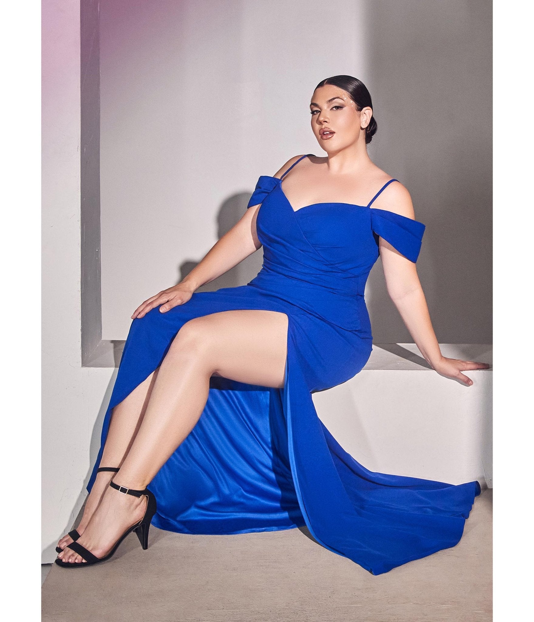 

Cinderella Divine Plus Size Royal Blue Regal Off Shoulder Bridesmaid Dress