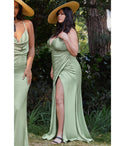 Plus Size V-neck Spaghetti Strap Floor Length Satin Ruched Faux Wrap Slit Prom Dress