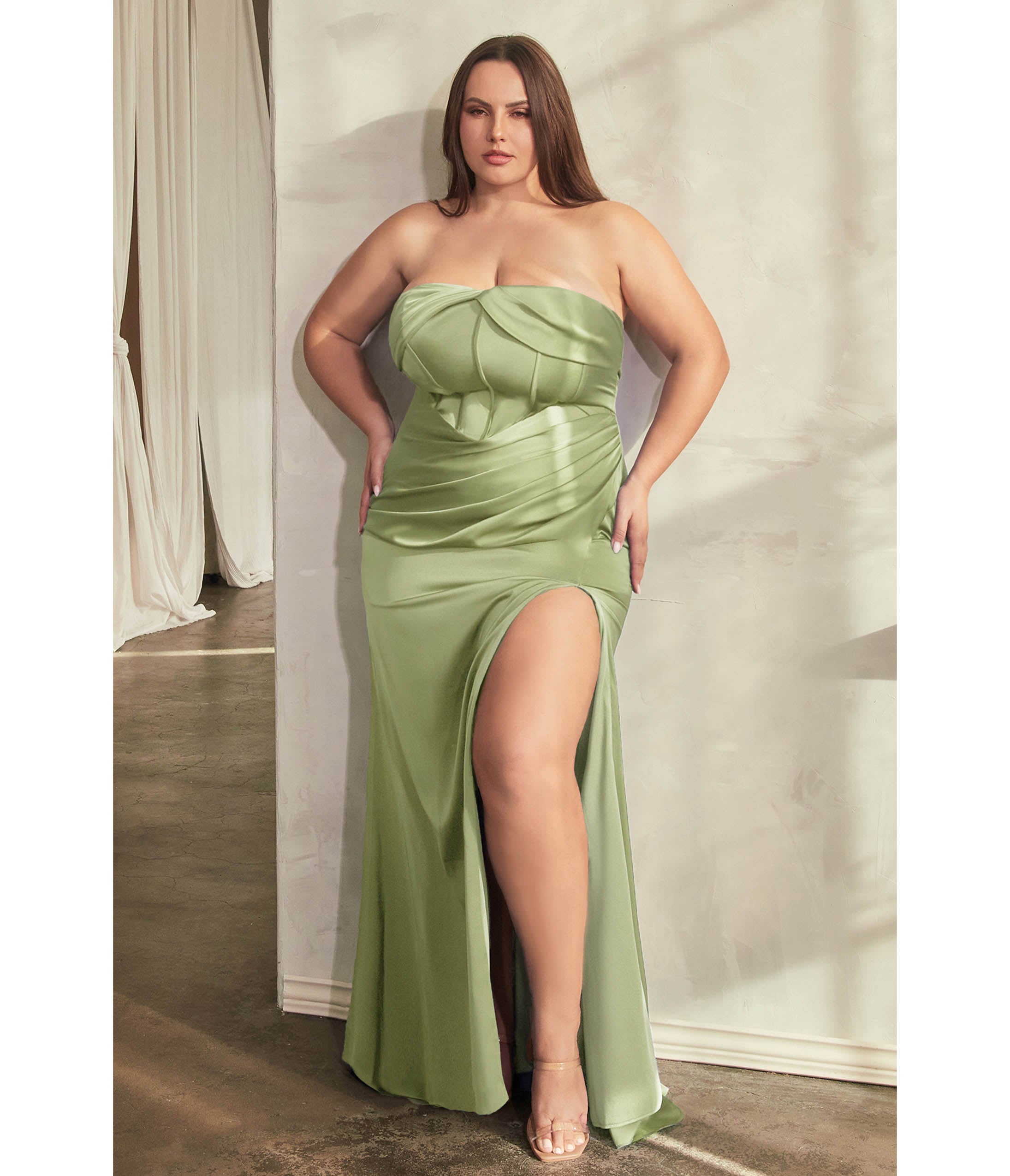 

Cinderella Divine Plus Size Sage Satin Pleated Strapless Corset Evening Gown