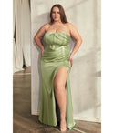 Plus Size Strapless Sheath Corset Waistline Pleated Slit Ruched Sweetheart Satin Floor Length Sheath Dress/Evening Dress