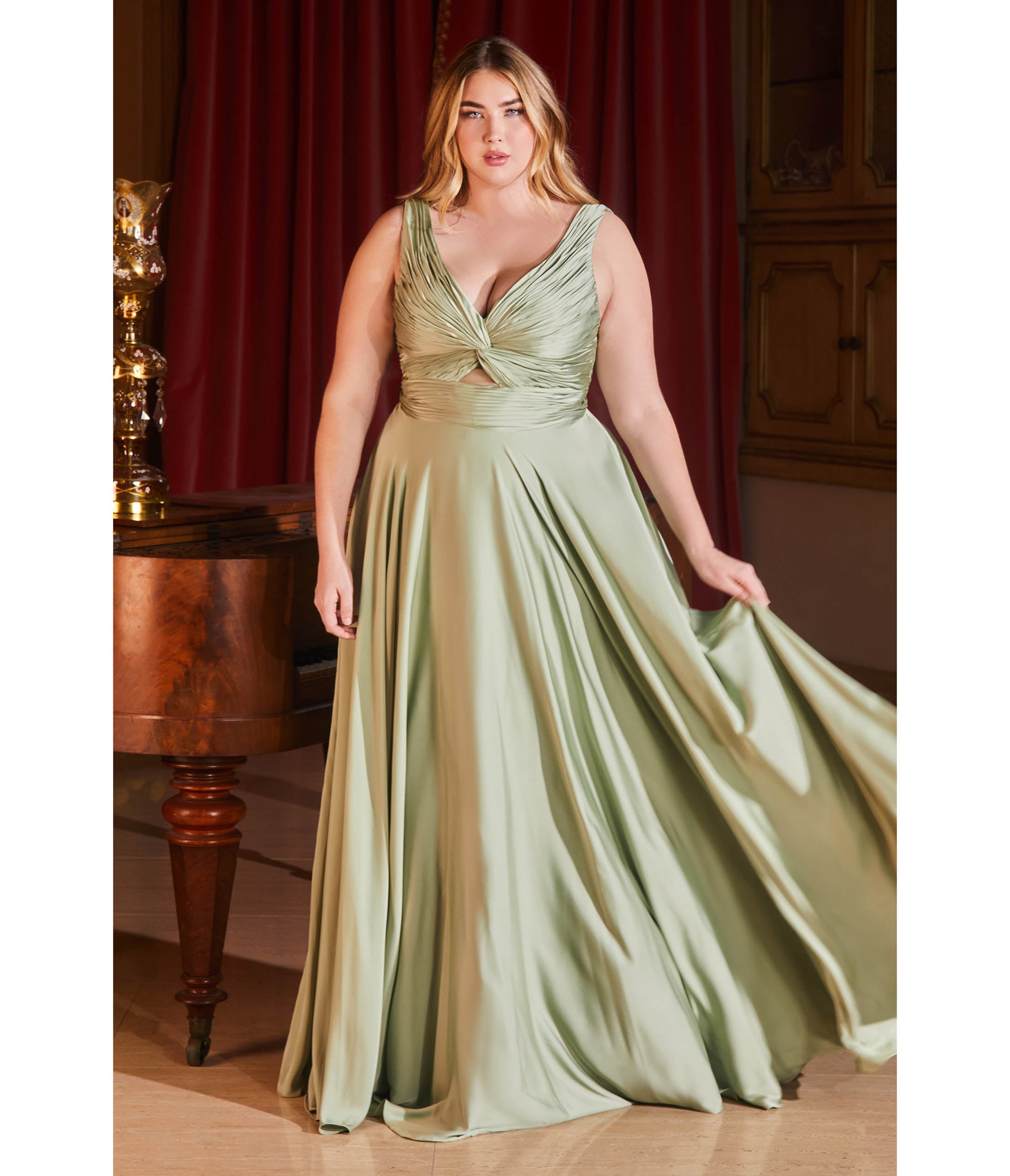 

Cinderella Divine Plus Size Sage Satin Ruched Knotted Keyhole Evening Gown
