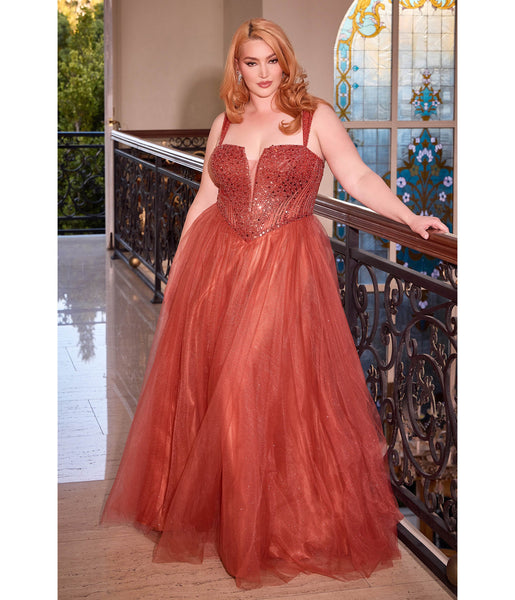 Plus Size A-line V-neck Strapless Plunging Neck Glittering Sequined Lace-Up Corset Waistline Tulle Ball Gown Prom Dress
