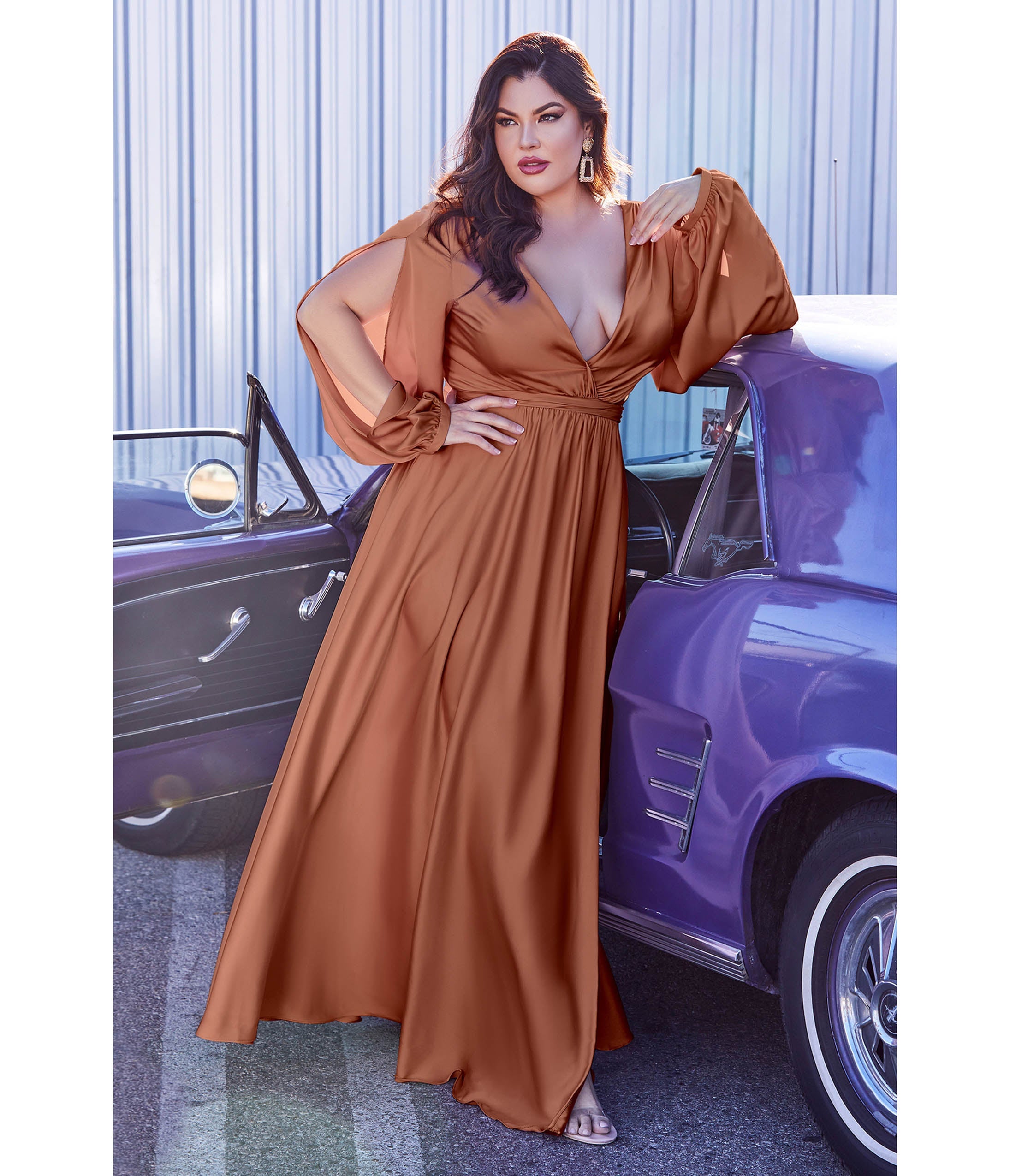 

Cinderella Divine Plus Size Sienna Satin Blouson Sleeve Evening Gown