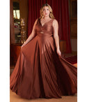 A-line V-neck Cutout Keyhole Ruched Satin Sleeveless Evening Dress by Cinderella Divine Moto