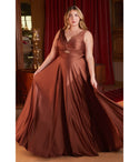 Plus Size A-line V-neck Sleeveless Satin Cutout Ruched Keyhole Evening Dress