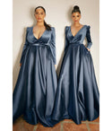 Plus Size V-neck Velvet Belted Elasticized Waistline Long Sleeves Bridesmaid Dress