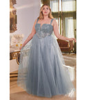 Plus Size A-line V-neck Strapless Plunging Neck Corset Waistline Lace-Up Glittering Sequined Tulle Ball Gown Prom Dress