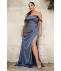 Plus Size Floor Length Off the Shoulder Sweetheart Fitted Draped Slit Ruched Satin Bridesmaid Dress