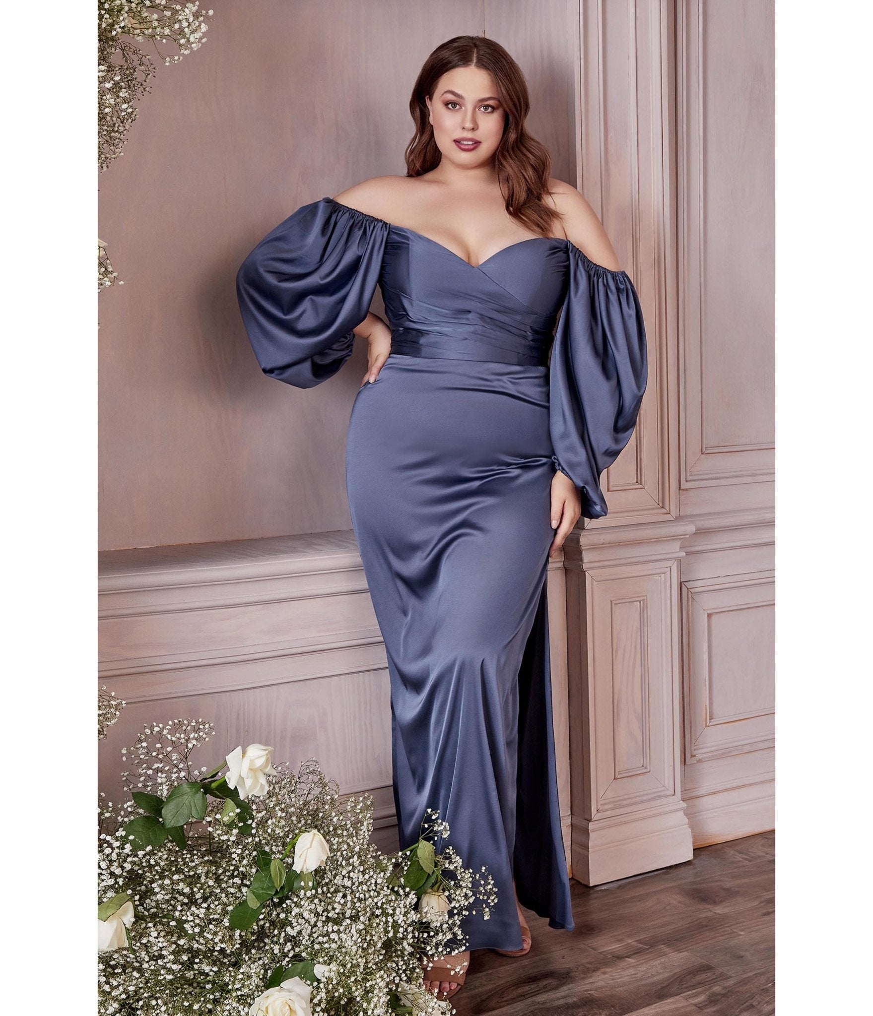 

Cinderella Divine Plus Size Smoky Blue Satin Long Sleeve Bridesmaid Dress