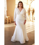 Plus Size V-neck Long Sleeves Plunging Neck Mermaid Satin Asymmetric Pleated Draped Illusion Wedding Dress With a Sash