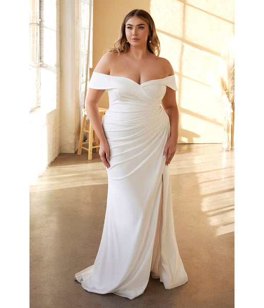 Plus Size Sophisticated Jersey Short Sleeves Sleeves Off the Shoulder Floor Length Sweetheart Slit Fitted Back Zipper Draped Open-Back Ruched Wedding Dress with a Brush/Sweep Train