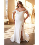 Plus Size Sophisticated Mermaid Self Tie Slit Fitted Ruched Open-Back Gathered Sweetheart Floor Length Satin Off the Shoulder Wedding Dress with a Brush/Sweep Train