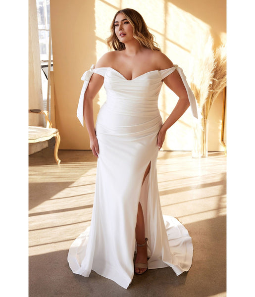 Plus Size Sophisticated Gathered Slit Open-Back Ruched Self Tie Fitted Mermaid Satin Off the Shoulder Sweetheart Floor Length Wedding Dress with a Brush/Sweep Train