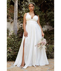 Plus Size Sophisticated A-line V-neck Satin Floor Length Ruched Open-Back Back Zipper Plunging Neck Wedding Dress