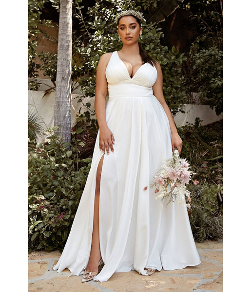 Plus Size Sophisticated A-line V-neck Open-Back Back Zipper Ruched Floor Length Plunging Neck Satin Wedding Dress