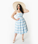 Fitted Gathered Pocketed Embroidered Swing-Skirt Striped Floral Print Square Neck Dress