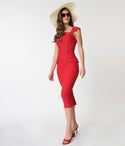 Pencil-Skirt Square Neck Cap Sleeves Sheath Cotton Back Zipper Vintage Back Vent Pocketed Fitted Sheath Dress With a Sash