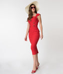 Cotton Vintage Back Zipper Pocketed Fitted Back Vent Cap Sleeves Square Neck Sheath Pencil-Skirt Sheath Dress With a Sash