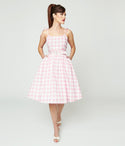 Belted Vintage Cotton Spaghetti Strap Swing-Skirt Checkered Gingham Print Dress