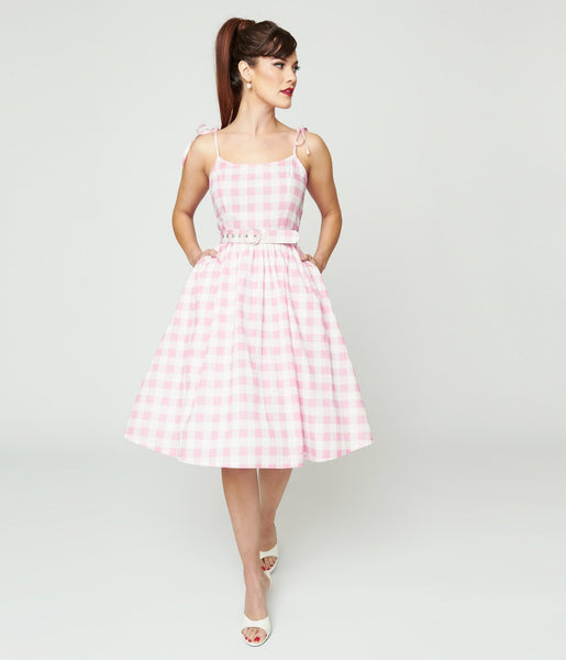 Swing-Skirt Cotton Spaghetti Strap Checkered Gingham Print Vintage Belted Dress