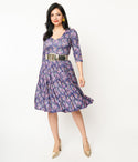 V-neck Flared-Skirt 3/4 Sleeves Floral Print Back Zipper Pocketed Dress