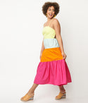 Summer Spaghetti Strap Tiered Colorblocking Cotton Midi Dress