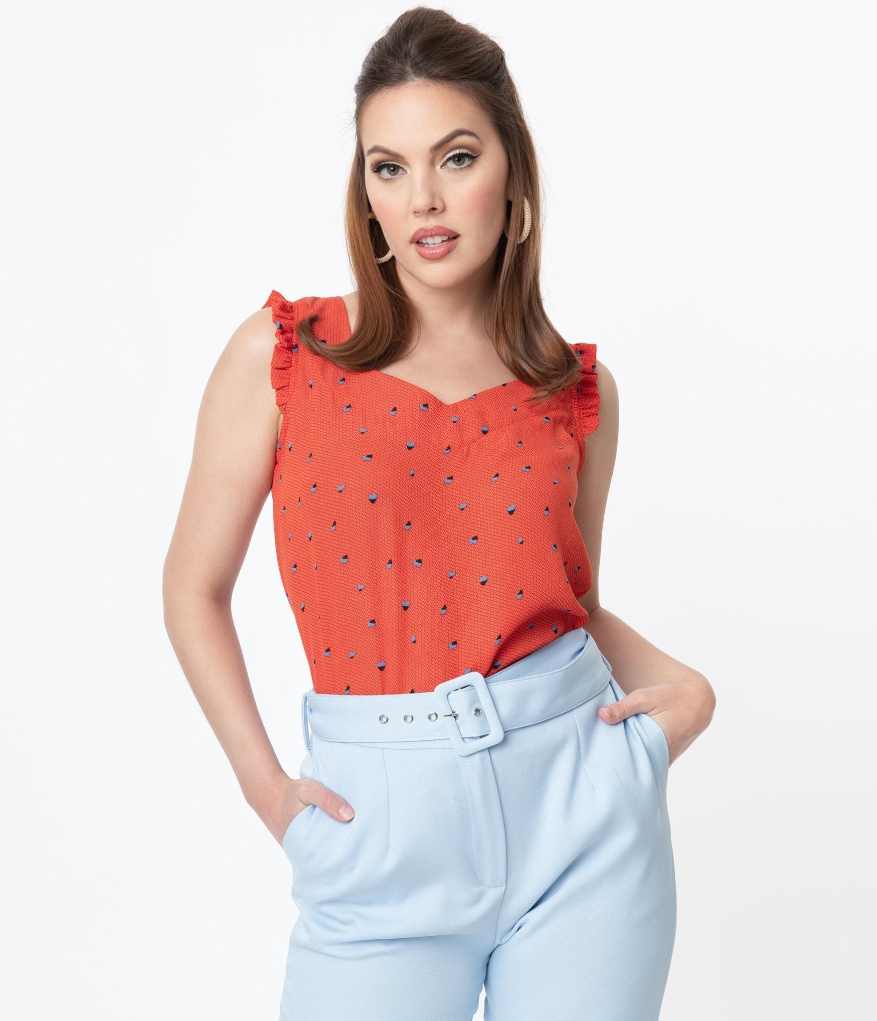 

Red Abstract Pattern & Blue Floral Print Sleeveless Blouse