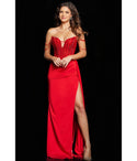 V-neck Satin Sheath Off the Shoulder Corset Waistline Ruched Open-Back Slit Beaded Sheath Dress/Evening Dress with a Brush/Sweep Train