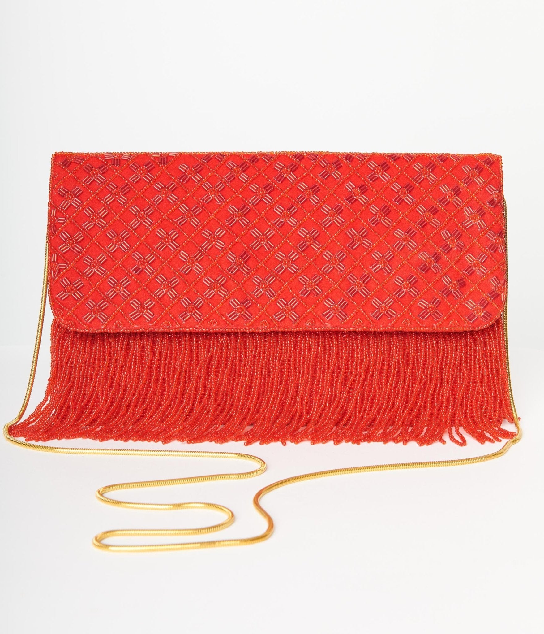 

Red Beaded Fringe Envelope Clutch