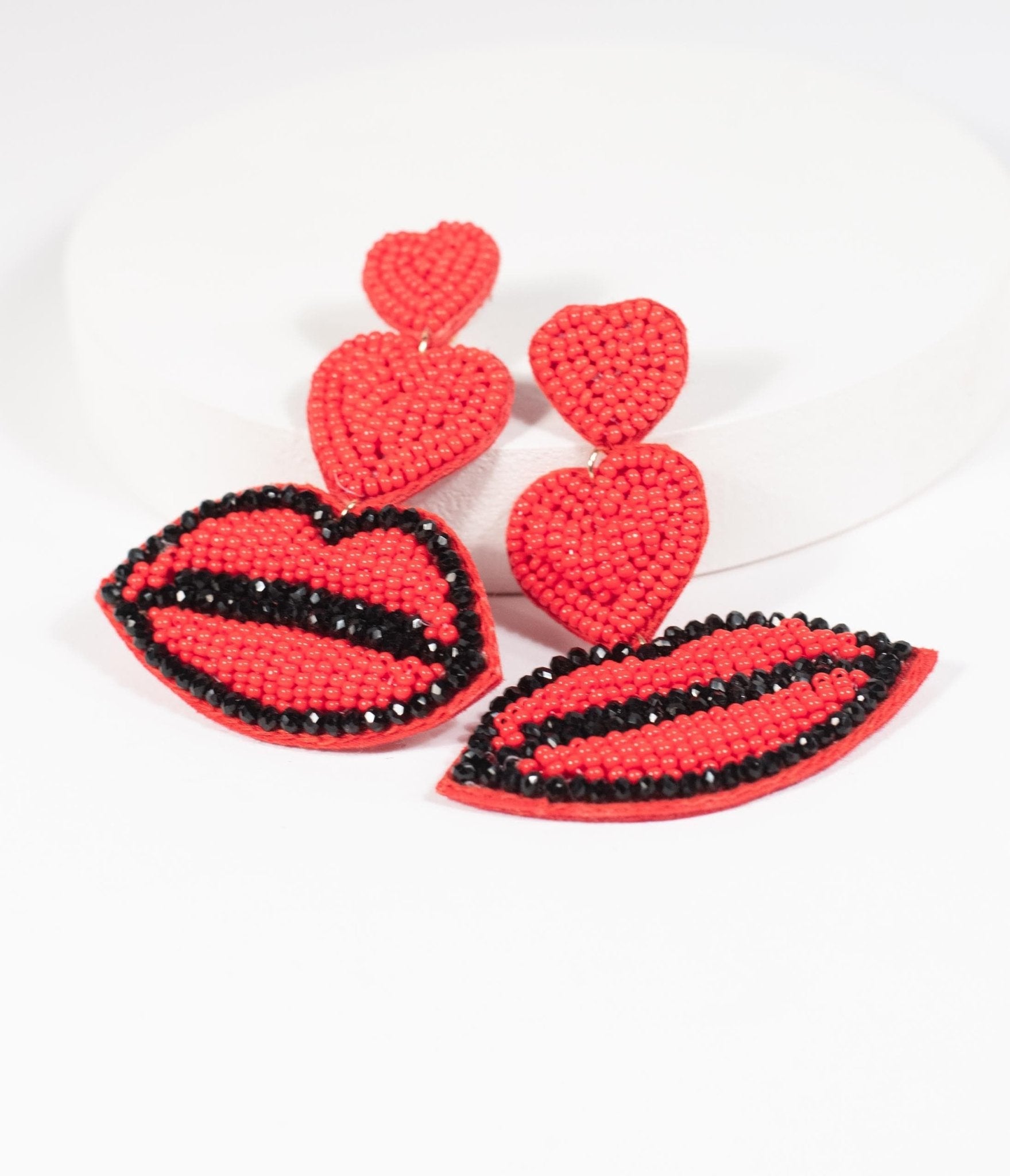 

Red Beaded Hearts & Kisses Drop Earrings