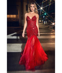 V-neck Strapless Tulle Mermaid Sequined Open-Back Illusion Glittering Beaded Slit Sheer Floor Length Corset Waistline Prom Dress with a Brush/Sweep Train