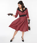 Plaid Print Swing-Skirt Crepe Dress