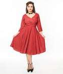 V-neck Swing-Skirt Pocketed Faux Wrap Back Zipper Polka Dots Print Crepe Dress