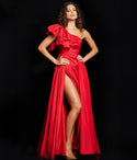 Sophisticated A-line Taffeta One Shoulder Ruched Asymmetric Slit Floor Length Evening Dress With a Bow(s)