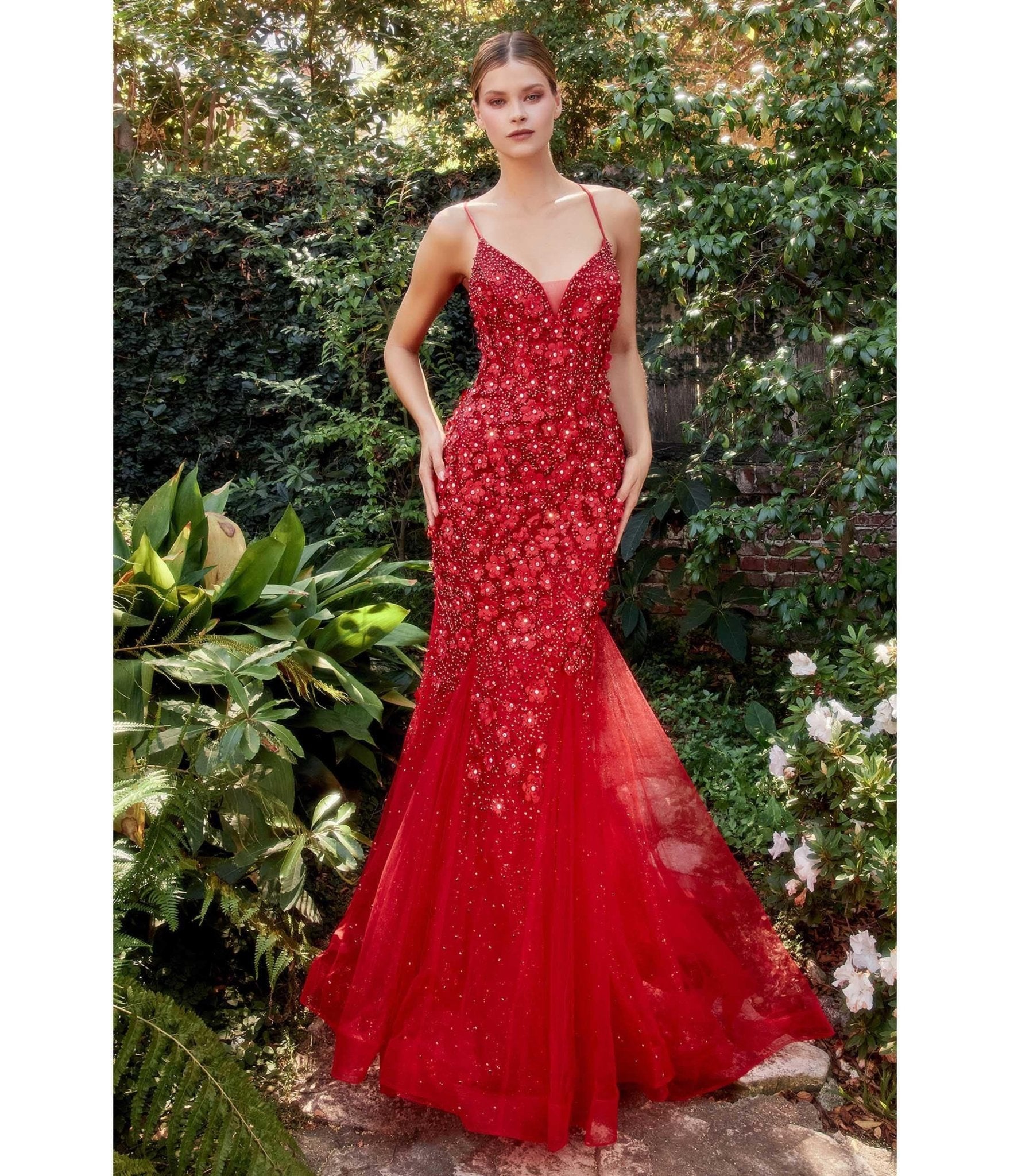 

Cinderella Divine Red Chromatic Floral Mermaid Bridesmaid Dress