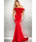 Sophisticated Corset Waistline Off the Shoulder Satin Illusion Fitted Mermaid Straight Neck Evening Dress With a Bow(s)