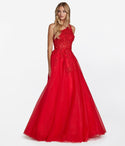 A-line Floral Print Tulle Corset Waistline Glittering Asymmetric Sheer Wrap One Shoulder Ball Gown Prom Dress