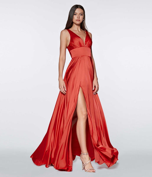 A-line V-neck Empire Waistline Satin Slit Shirred Bridesmaid Dress