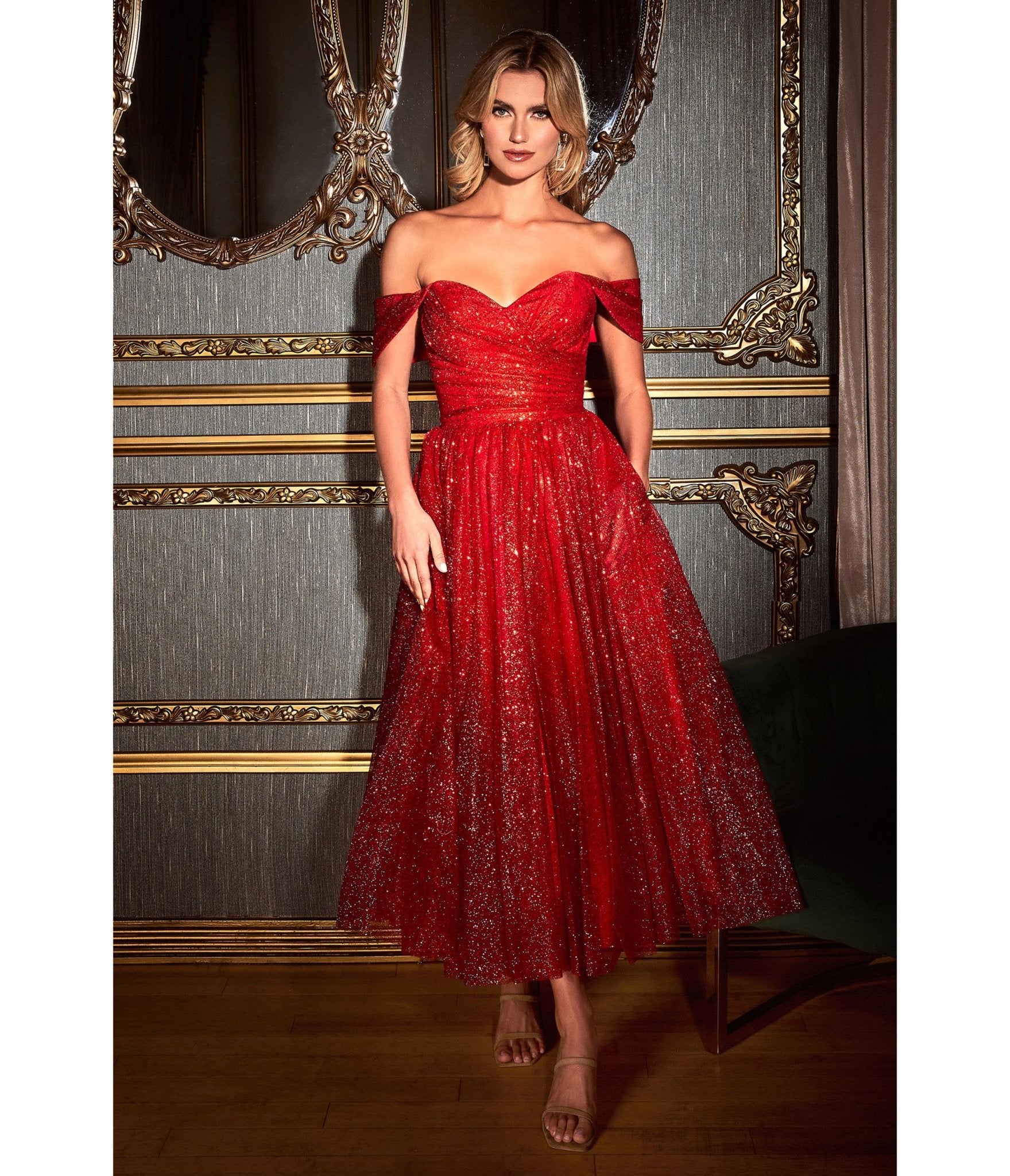 

Cinderella Divine Red Glitter Off The Shoulder Tea Length Dress