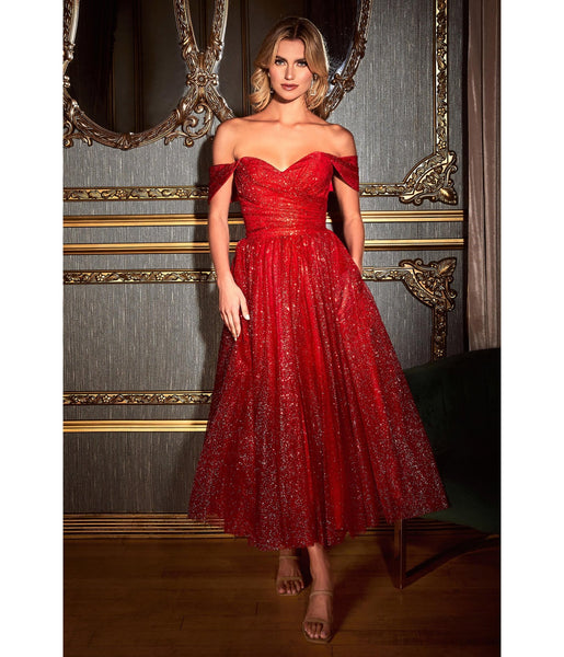 A-line Tea Length Off the Shoulder Tulle Sweetheart Glittering Pocketed Ruched Draped Open-Back Dress