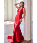 V-neck Satin Sleeveless Ruched Glittering Mermaid Plunging Neck Dress with a Brush/Sweep Train