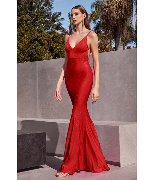 V-neck Sleeveless Spaghetti Strap Floor Length Satin Glittering Open-Back Fitted Evening Dress with a Brush/Sweep Train