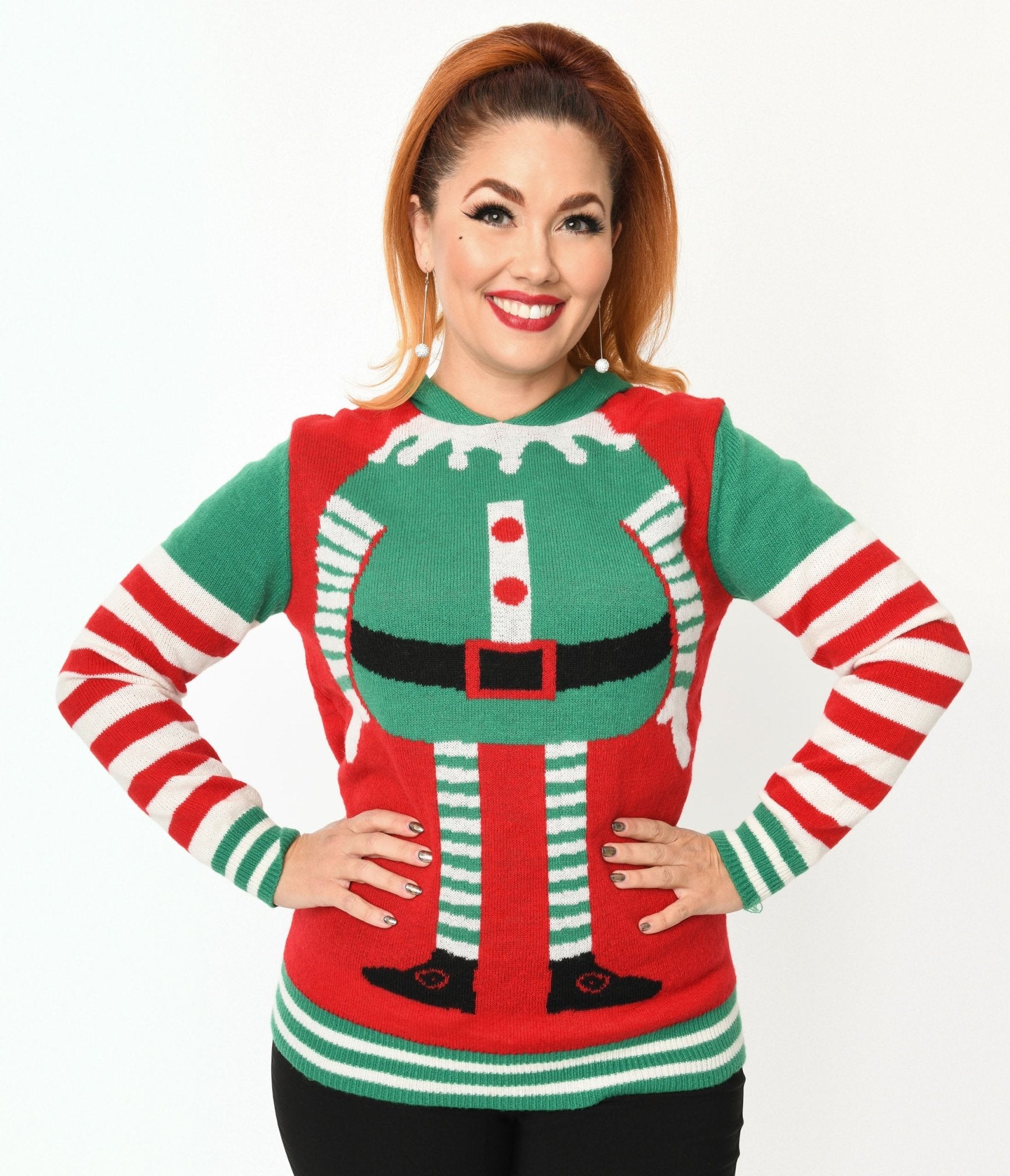 

Red & Green Elf Hooded Holiday Sweater