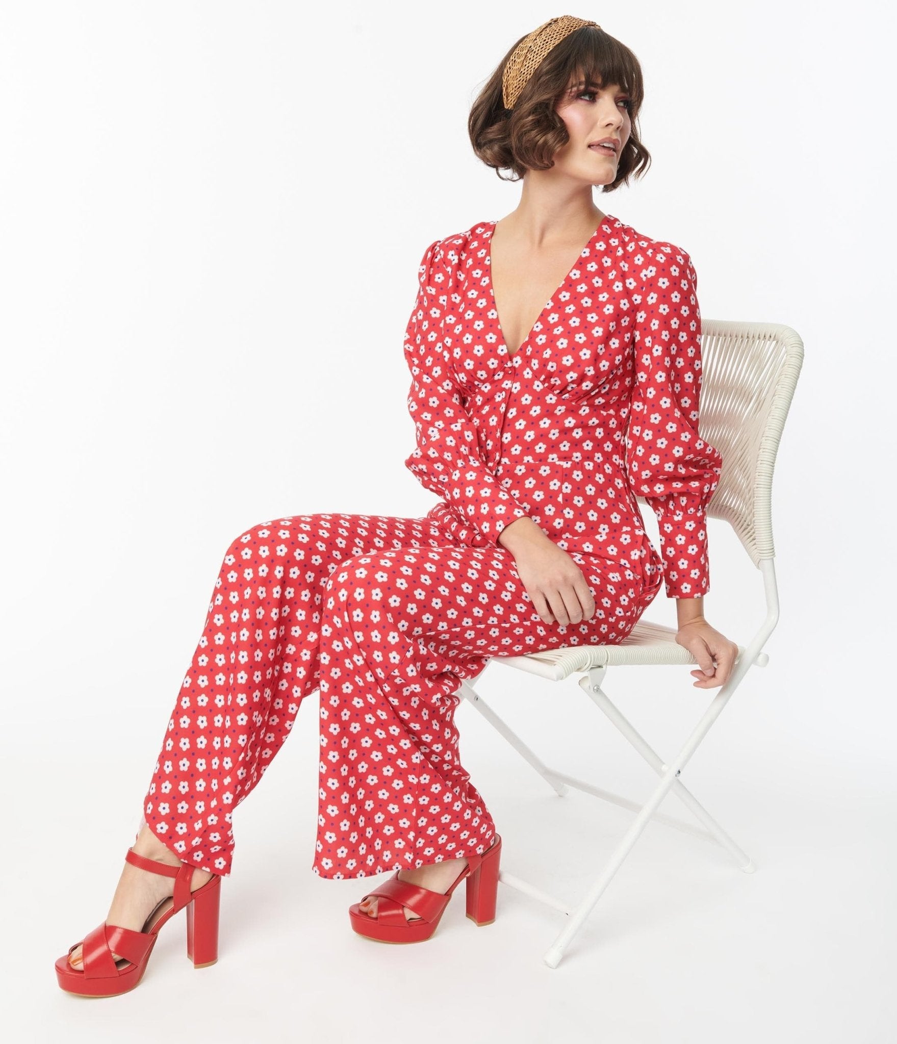 

1970S Red & Hawana Floral Print Jumpsuit