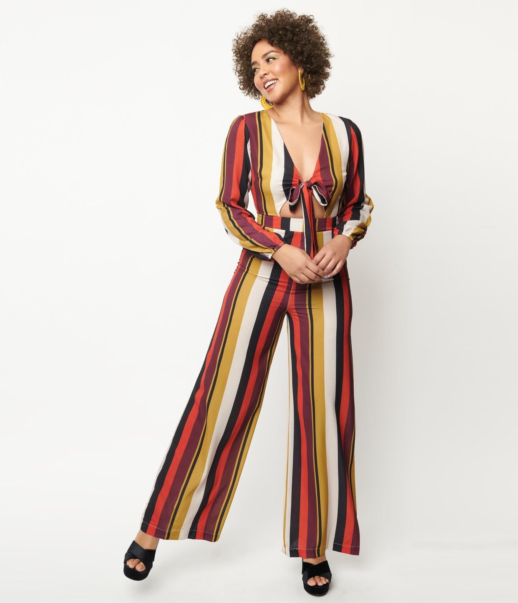 

1970S Red & Mustard Stripe Front Tie Jumpsuit