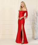 Off the Shoulder Satin Back Zipper Self Tie Fitted Ruched Slit Prom Dress/Maxi Dress