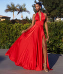 A-line Halter Sleeveless Satin Open-Back Slit Wrap Evening Dress