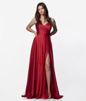 A-line V-neck Spaghetti Strap Satin Floor Length Slit Lace-Up Pocketed Prom Dress with a Brush/Sweep Train